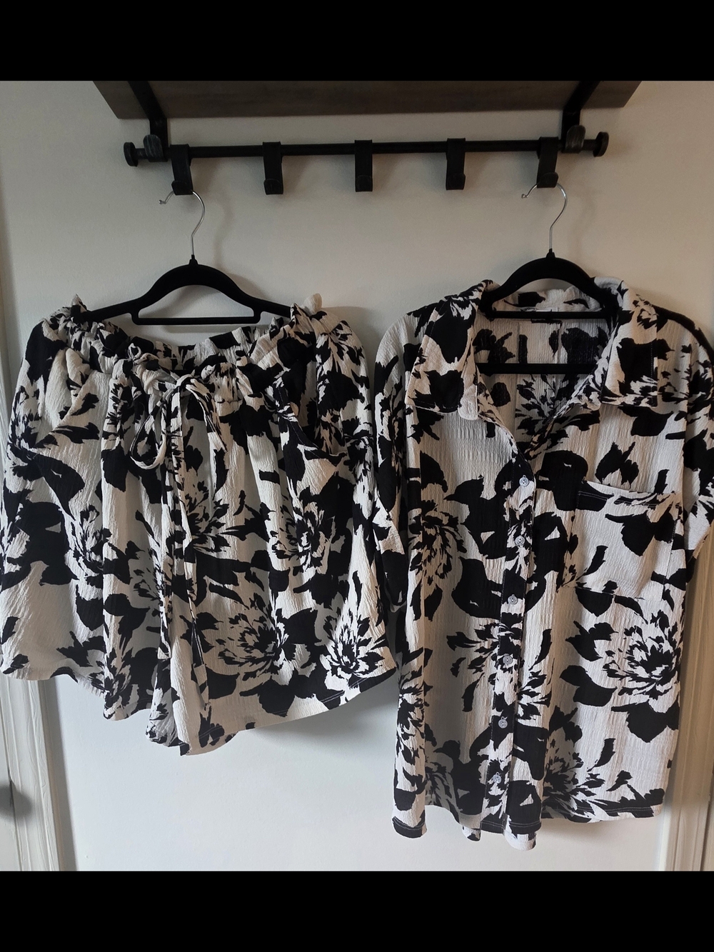 Black & White Floral Blouse and Short Set